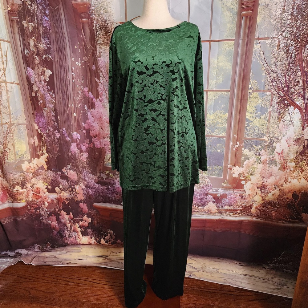 Bechamel II Green Velour 2-Piece Lounge Set Vintage 90s Floral Burnout Tunic 1X